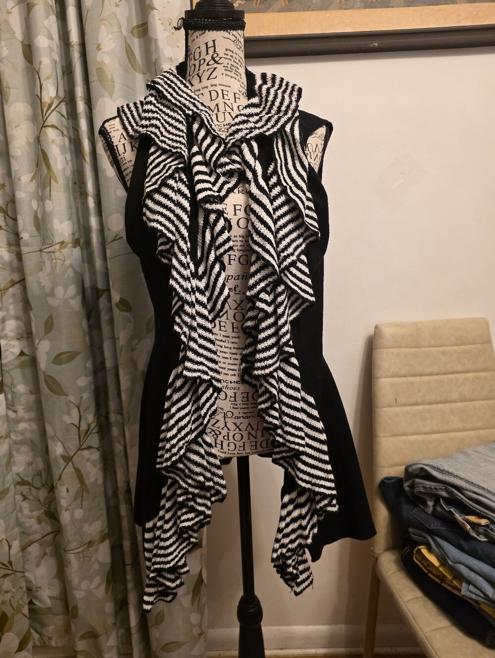 Black Cardigan with Black & White Ruffle Accent - Women